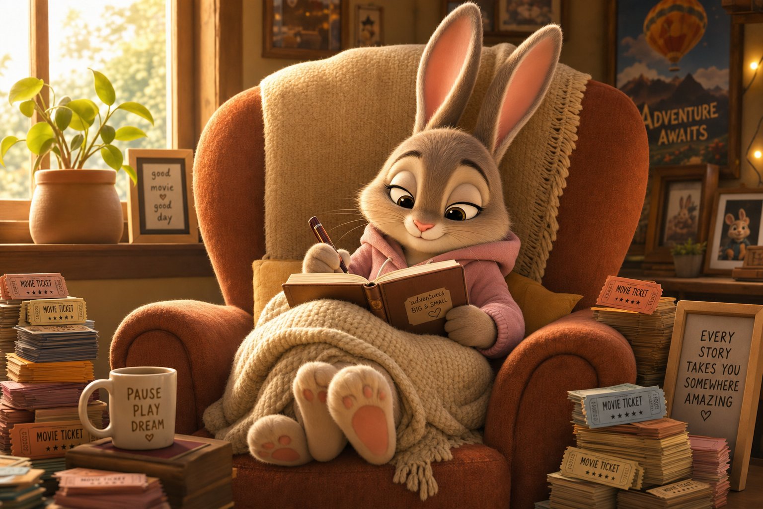 A rabbit sits cross-legged in a cozy reading nook surrounded by ticket stubs and film reels, writing in a journal
