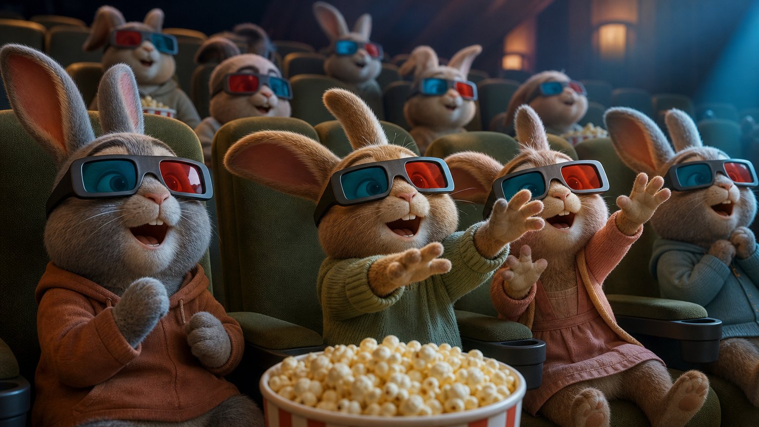 Rabbits wearing 3D glasses in a movie theater, reaching toward the screen with popcorn in hand