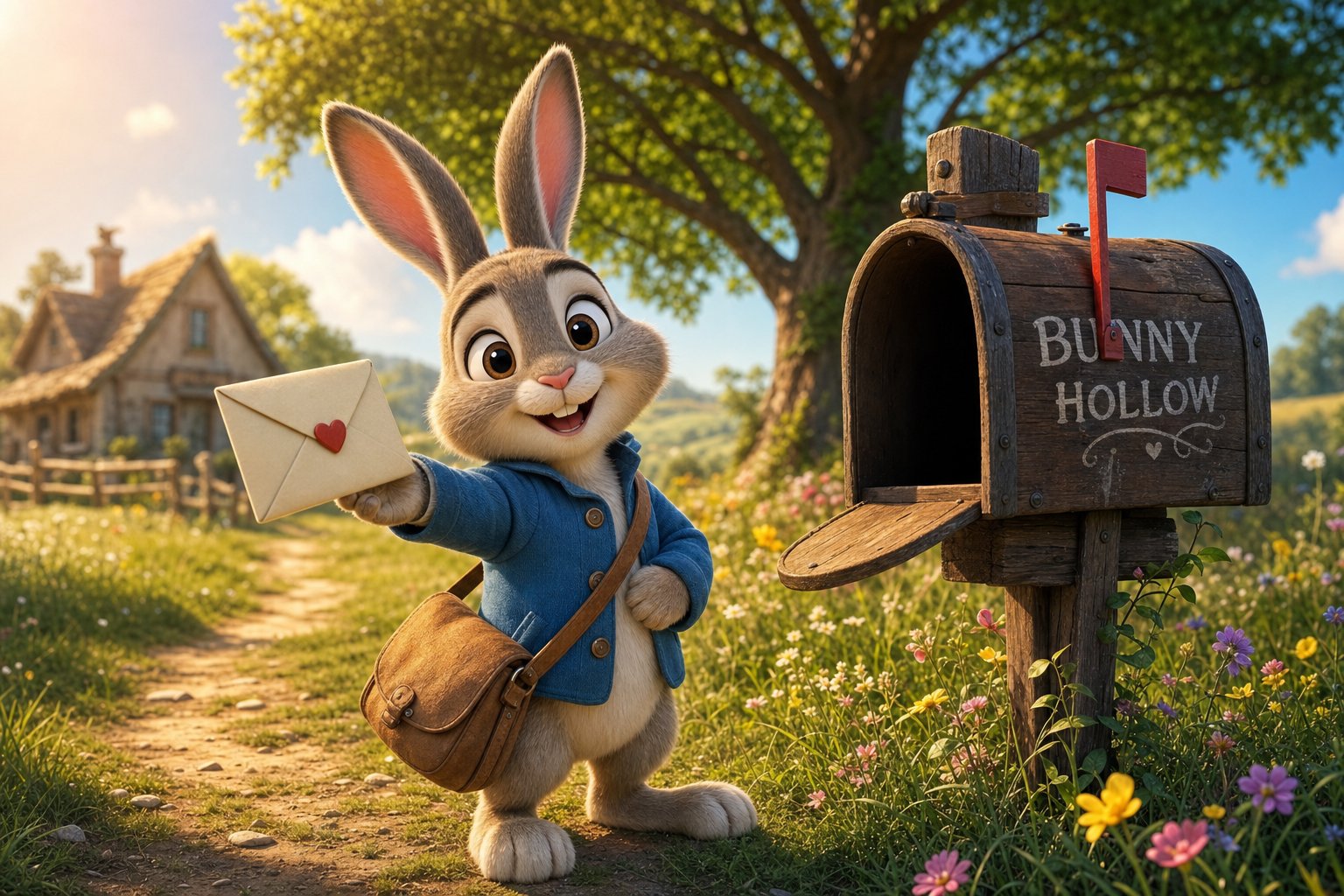 A rabbit stands by a rustic wooden mailbox in a sunlit meadow, cheerfully holding out an envelope