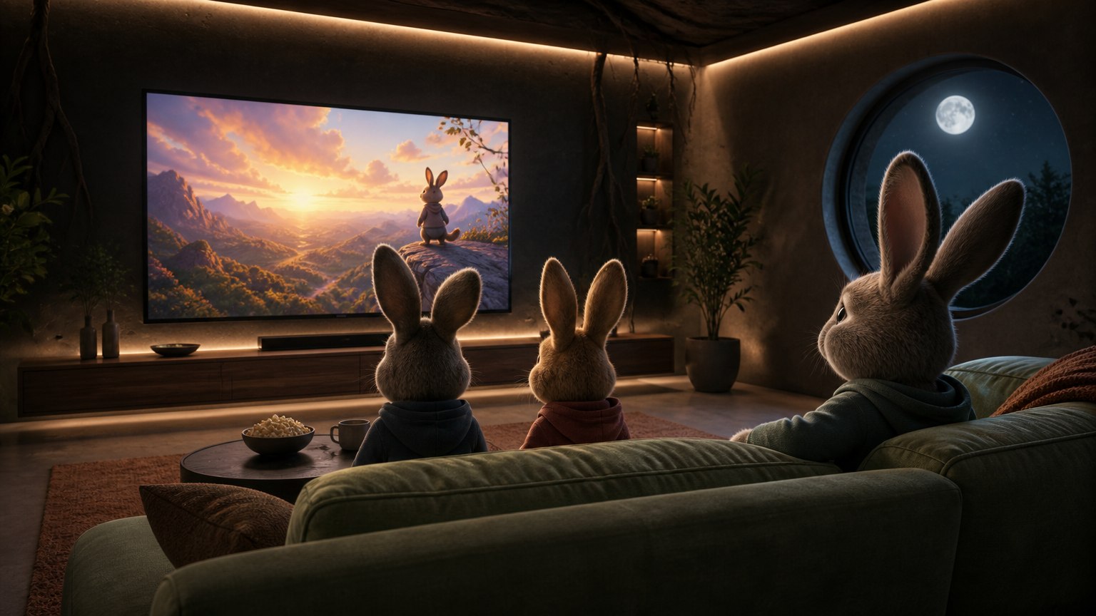 Three rabbits seen from behind, sitting on a couch in a modern underground den, watching a movie on a large wall-mounted screen