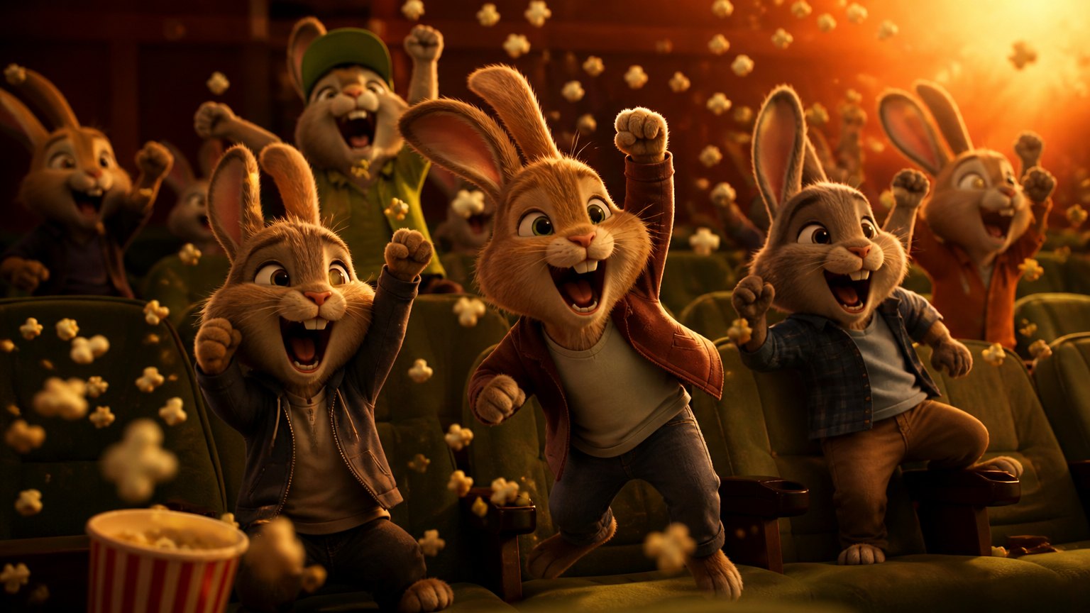 Rabbits on their feet cheering with fists in the air, popcorn flying, at the cinema