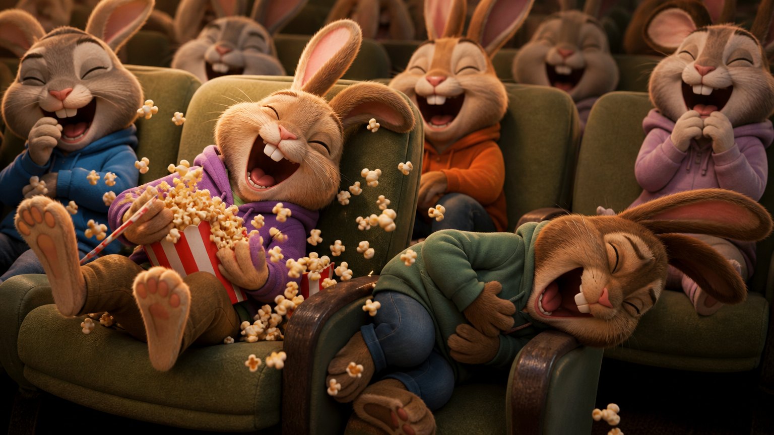 Rabbits doubled over laughing at the cinema, one fallen out of its seat, popcorn scattered everywhere