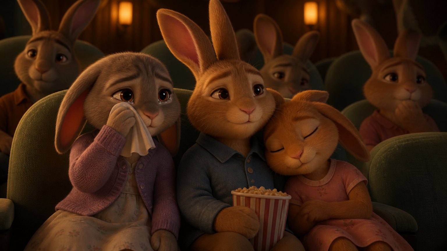 Rabbits quietly moved at the cinema, one wiping away tears with a tissue, one resting its head on another's shoulder