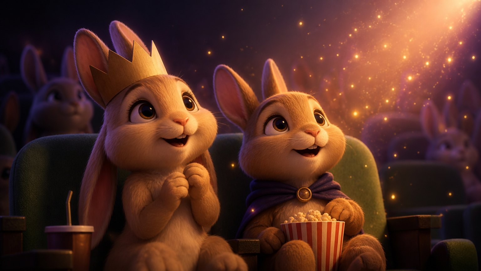 Two rabbits in a paper crown and a cape watching a movie, magical sparkle dust drifting through the cinema