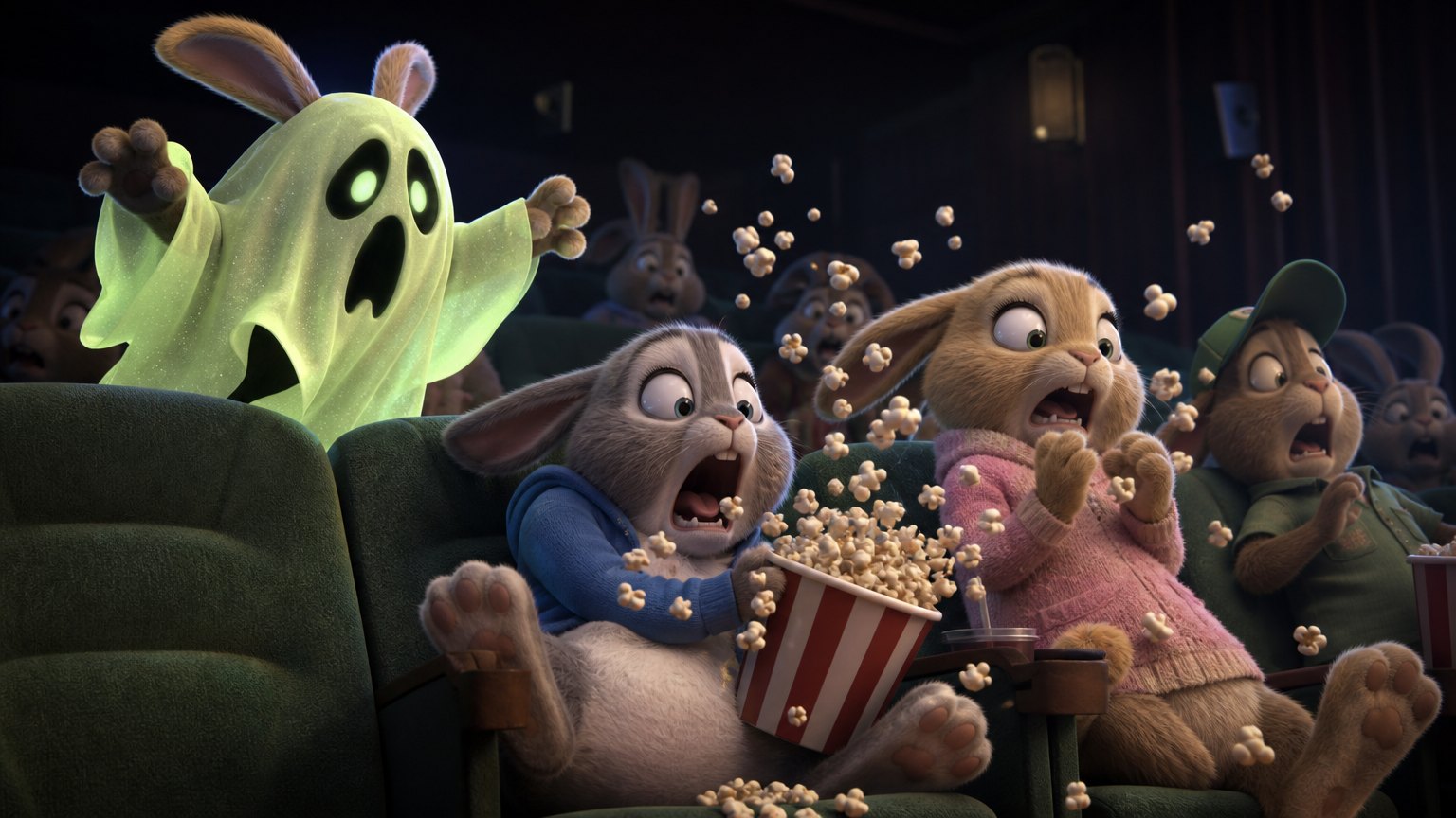A rabbit hiding under a glowing ghost sheet jump-scares its friends in a movie theater, popcorn flying