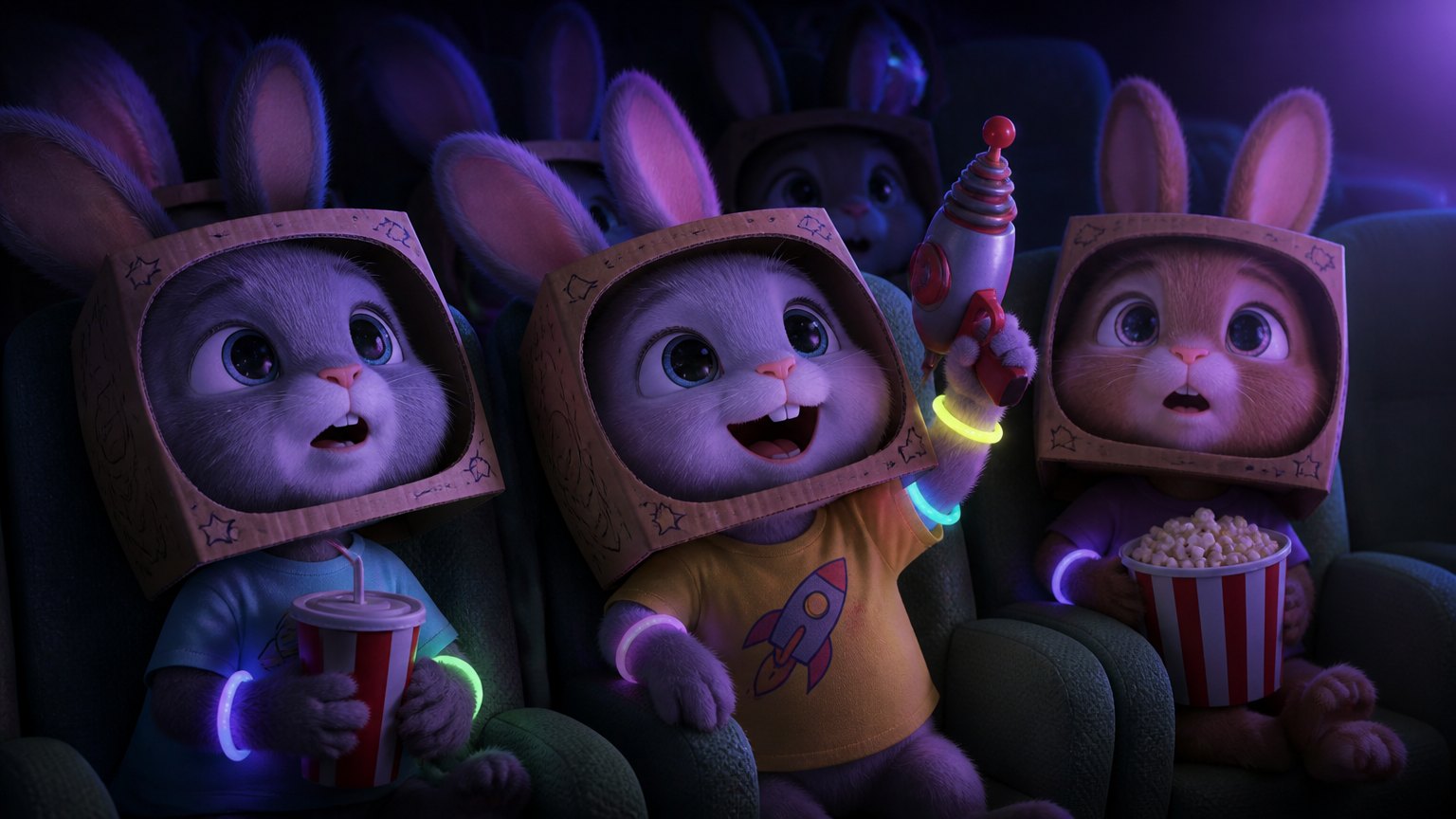 Rabbits in cardboard astronaut helmets and glow bracelets watching a sci-fi movie, one holding a toy ray-gun