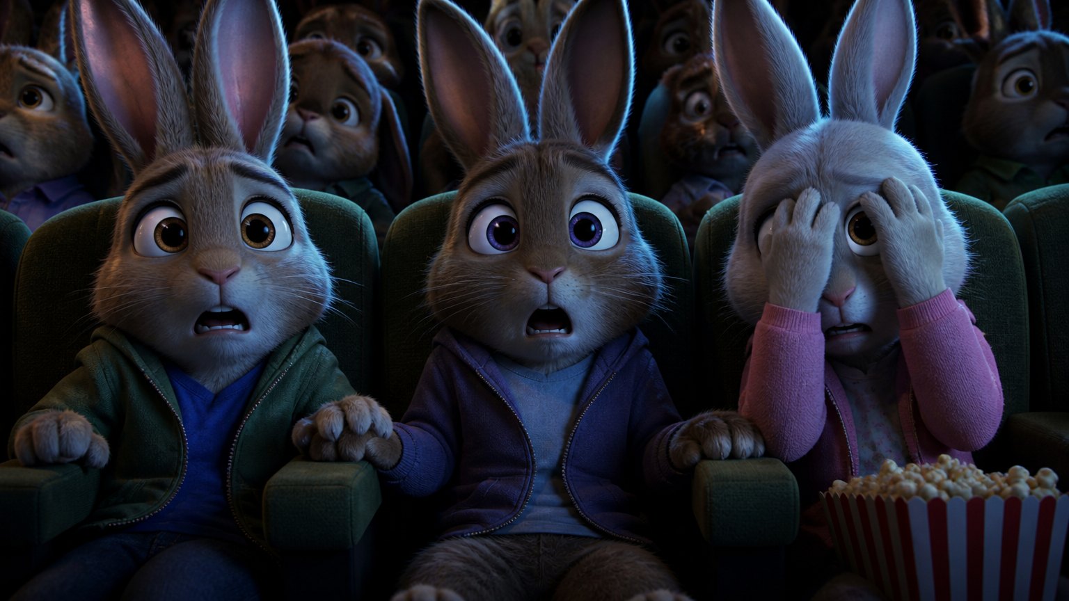 Three rabbits gripping their armrests, wide-eyed and tense, watching a thriller at the cinema