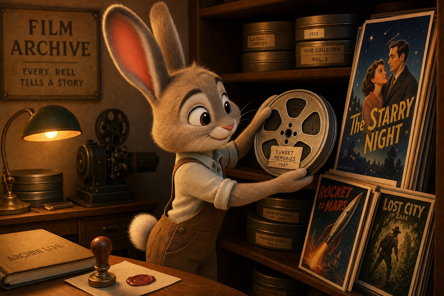 A rabbit carefully places a vintage film reel on a shelf in a cozy archive room