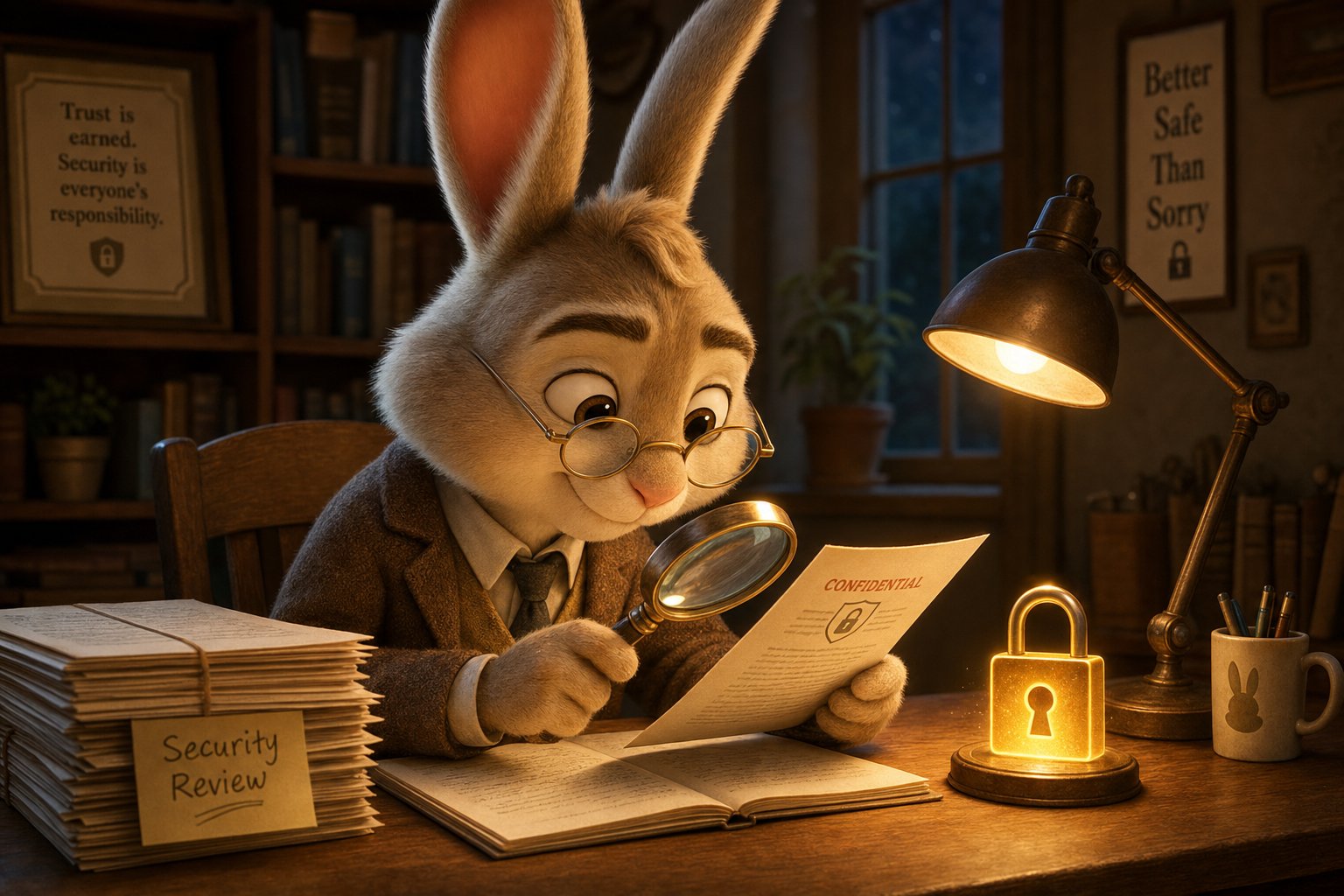 A rabbit reads a document carefully with a magnifying glass at a cozy lamplit desk