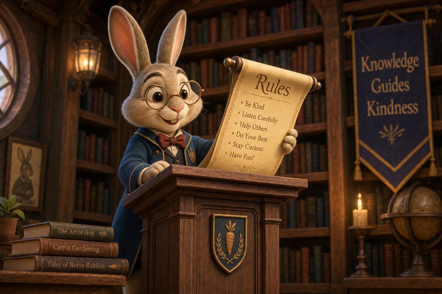 A rabbit reads aloud from a large open scroll at a wooden podium in a cozy library