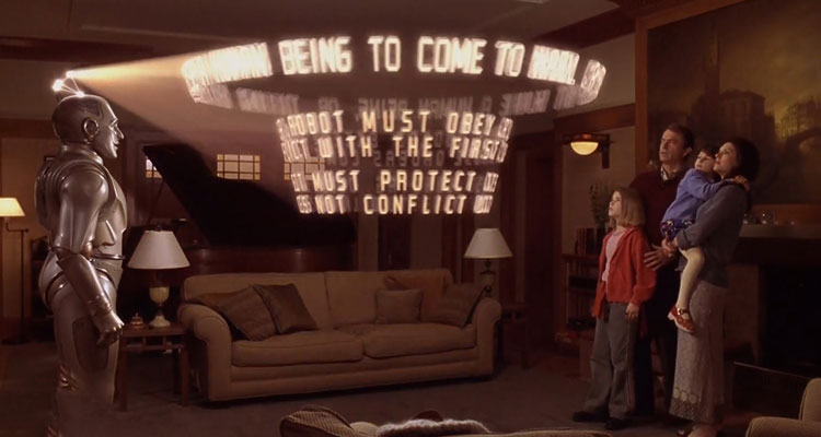 Bicentennial Man 1999 Movie Scene Robin Williams as Andrew showing the Martin family three laws of Robotics