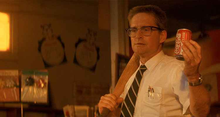 Falling Down 1993 Movie Scene Michael Douglas as D-Fens holding a baseball bat and a can of coke