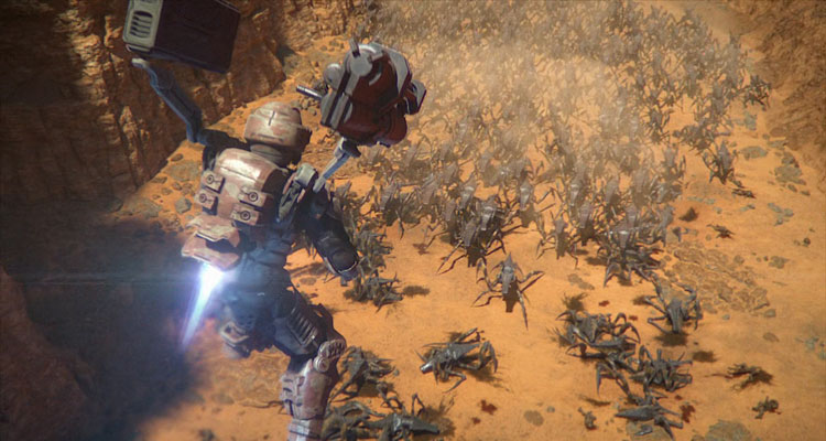 Starship Troopers Traitor of Mars 2017 Movie Casper Van Dien as Johnny Rico using his jetpack to get away from the bugs