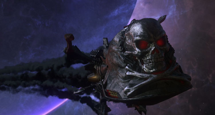 Space Pirate Captain Harlock 2013 Movie Scene Spaceship Arcadia emerging from the hyperjump in a dark cloud