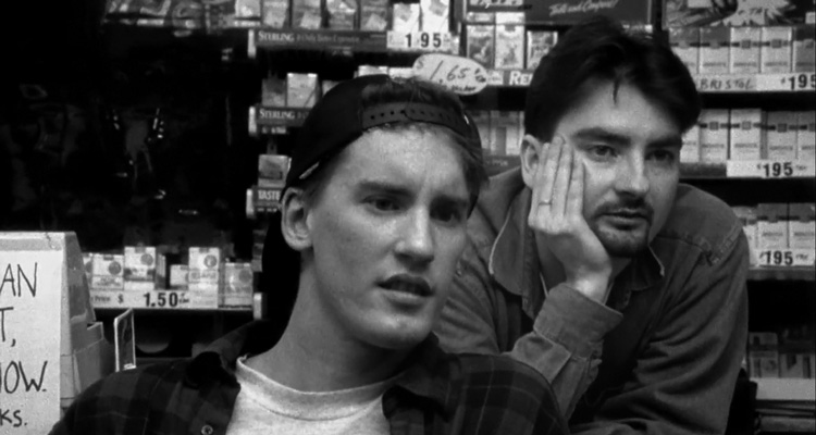 Clerks 1994 Movie Scene Brian O'Halloran as Dante and Jeff Anderson as Randal working in the store