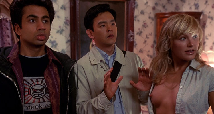 Harold and Kumar Go to White Castle 2004 Movie Harald and Kumar with Freakshows wife Liane played by Malin Akerman with her breasts showing scene