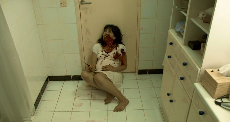 Inside 2007 Movie Scene Alysson Paradis as Sarah holding a big sharp stick locked inside a bloody bathroom