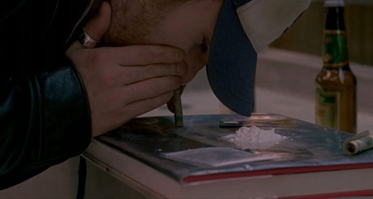 London 2005 Movie Chris Evans snorting cocaine with a hundred dollar bill in the bathroom