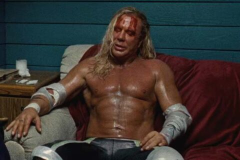 The Wrestler 2008 Movie Scene Mickey Rourke as Randy 'he Ram Robinson bloody after a fight sitting in backstage