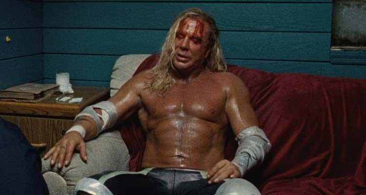 The Wrestler 2008 Movie Scene Mickey Rourke as Randy 'he Ram Robinson bloody after a fight sitting in backstage