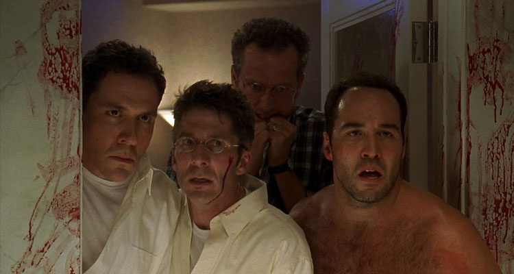 Very Bad Things 1998 Movie Scene Daniel Stern as Adam, Jon Favreau as Kyle, Leland Orser as Charles and Jeremy Piven as Michael looking at the bloody bathroom