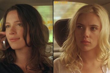 Vicky Cristina Barcelona 2008 Movie Scene Rebecca Hall as Vicky and Scarlett Johansson as Cristina in a car on their way to the airport