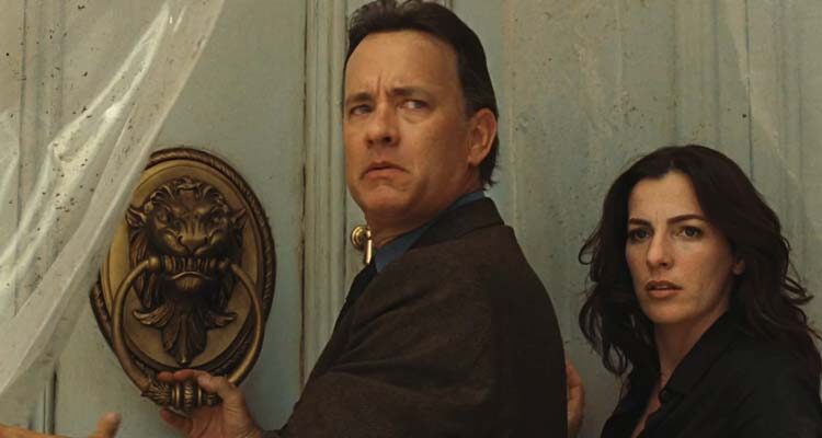 Angels and Demons 2009 Movie Scene Tom Hanks as Robert Langdon and Ayelet Zurer as Vittoria Vetra in front of a large door