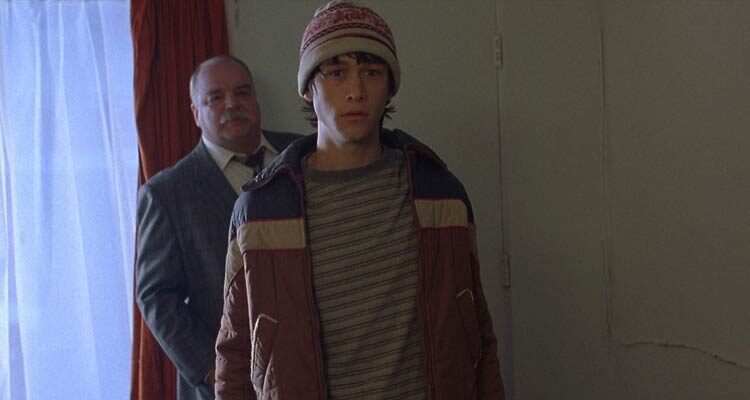 Mysterious Skin 2004 Movie Scene Joseph Gordon-Levitt as Neil, a male prostitute in front of his customer Richard Riehle as Charlie