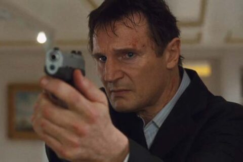 Taken 2008 Movie Scene Liam Neeson as Bryan Mills holding a gun pointed at the bad guy