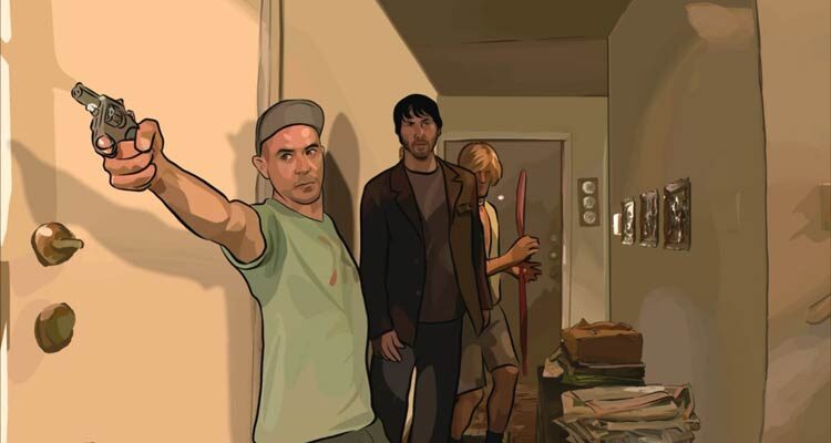 A Scanner Darkly 2006 Movie Scene Robert Downey Jr. as Barris holding a gun with Keanu Reeves as Bob and Woody Harrelson as Ernie breaking into his house