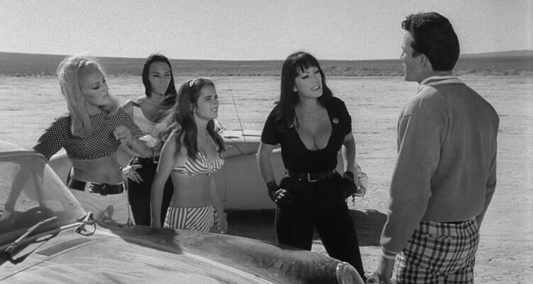 Faster Pussycat Kill Kill 1965 Movie Scene Tura Satana as Varla and the rest of the gang challenging a man to a drag race