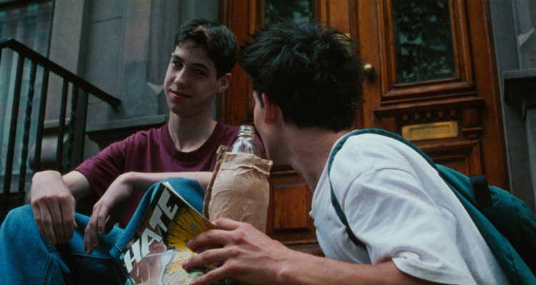 Kids 1995 Movie Scene Leo Fitzpatrick as Telly and Justin Pierce as Casper sitting in front of Telly's girlfriend building