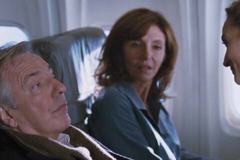 Nobel Son 2007 Movie Scene Alan Rickman as Eli Michaelson arguing with the stewardess on an airplane