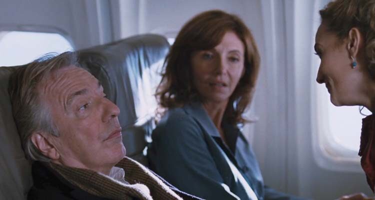 Nobel Son 2007 Movie Scene Alan Rickman as Eli Michaelson arguing with the stewardess on an airplane
