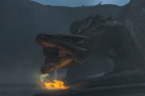 Reign of Fire 2002 Movie Scene A giant dragon (although technically a wyvern) about to breathe fire on the resistance fighters
