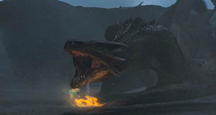 Reign of Fire 2002 Movie Scene A giant dragon (although technically a wyvern) about to breathe fire on the resistance fighters