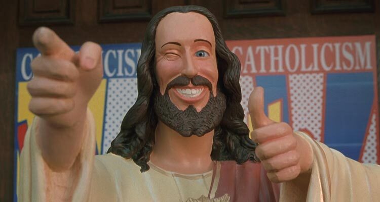 Dogma 1999 Movie Scene The statue of winking Jesus pointing and giving a thumbs up