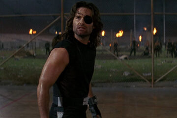 Escape from LA 1996 Movie Scene Kurt Russell as Snake Plissken on the basketball court wearing an eyepatch