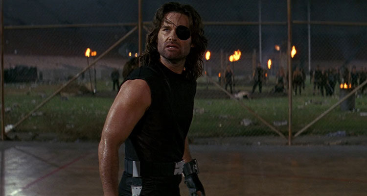 Escape from LA 1996 Movie Scene Kurt Russell as Snake Plissken on the basketball court wearing an eyepatch