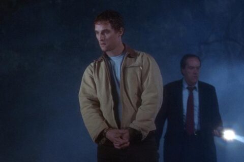 Frailty 2001 Movie Scene Matthew McConaughey as Adam Meiks leading Powers Boothe as FBI Agent Wesley Doyle to the site where the bodies are buried in the night