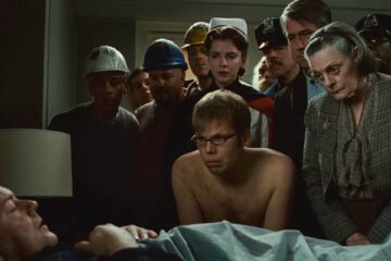 Ghost Town 2002 Movie Scene Ricky Gervais as Pincus sleeping while all the ghosts are looking at him