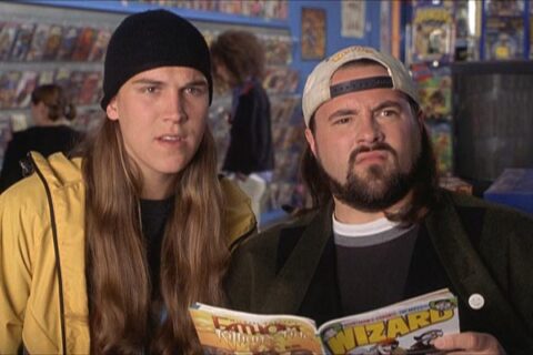 Jay and Silent Bob Strike Back 2001 Movie Scene Jason Mewes as Jay and Kevin Smith as Silent Bob finding out that there's a movie being made about them in a comic book shop