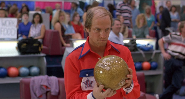 Kingpin 1996 Movie Scene Woody Harrelson as Roy Munson with a bad combover holding bowling bowl with his rubber hand