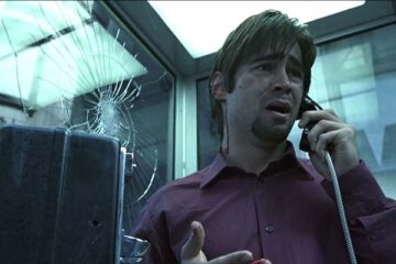 Phone Booth 2002 Movie Scene Colin Farrell as Stu talking over the phone after the killer threatens to kill him with a sniper rifle