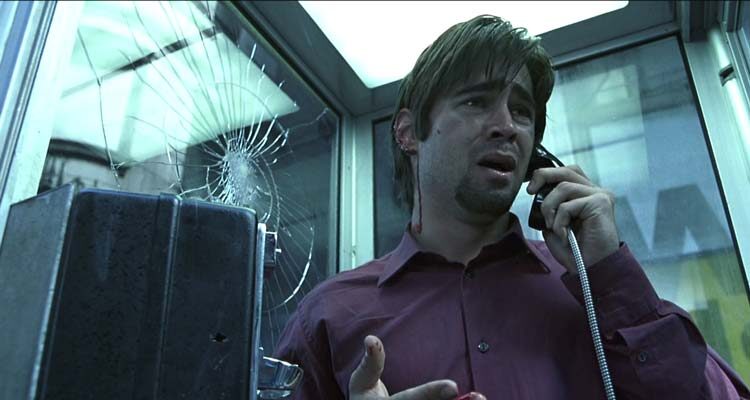 Phone Booth 2002 Movie Scene Colin Farrell as Stu talking over the phone after the killer threatens to kill him with a sniper rifle