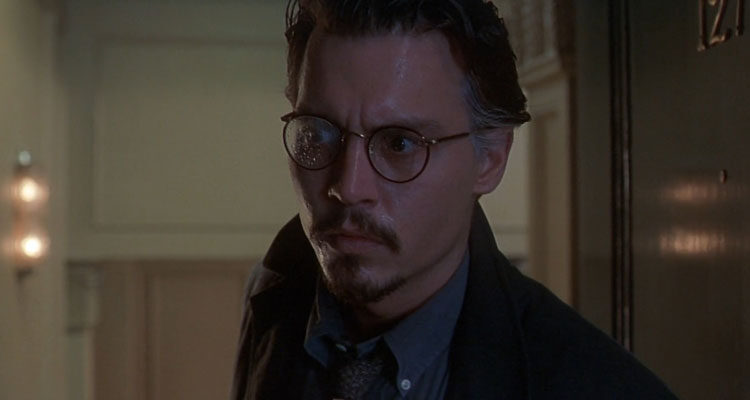 The Ninth Gate 1999 Movie Scene Johnny Depp as Dean Corso wearing glasses and looking scared