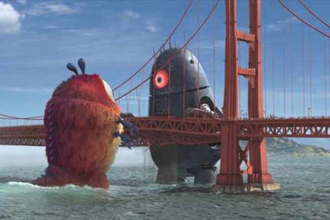 Monsters vs Aliens 2009 Movie Scene Insectosaurus fighting the alien robot at the Golden Gate bridge