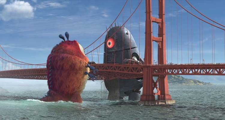 Monsters vs Aliens 2009 Movie Scene Insectosaurus fighting the alien robot at the Golden Gate bridge