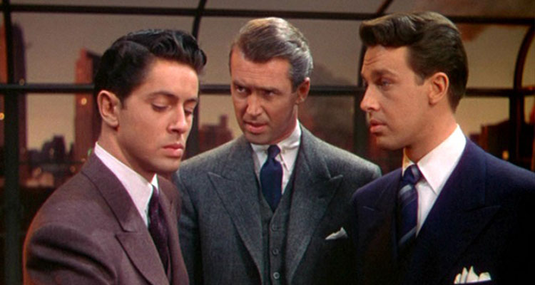 Rope 1948 Movie Scene James Stewart as Rupert, John Dall as Brandon and Farley Granger as Phillip talking at the party