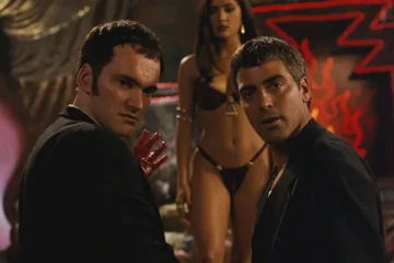 From Dusk Till Dawn 1996 Movie Scene George Clooney as Seth Gecko and Quentin Tarantino as Richard Gecko in a Titty Twister bar about to start a shootout